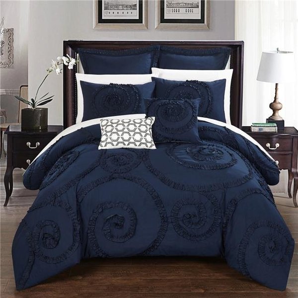 Chic Home Chic Home CS2223-BIB-US Rosa Floral Ruffled Etched Embroidery Bed in a Bag Comforter Set with Sheets - Navy - Queen - 11 Piece CS2223-BIB-US